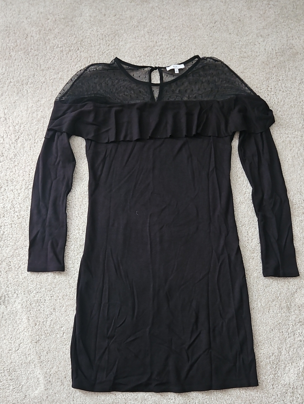 NSR Black Lightweight, Long-Sleeve Dress with Sheer Dotted Yoke and Ruffle
